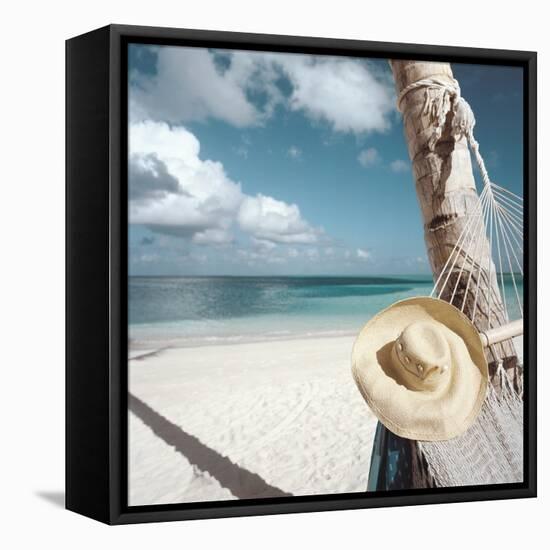 Straw Hat and Hammock at the Beach-null-Framed Premier Image Canvas