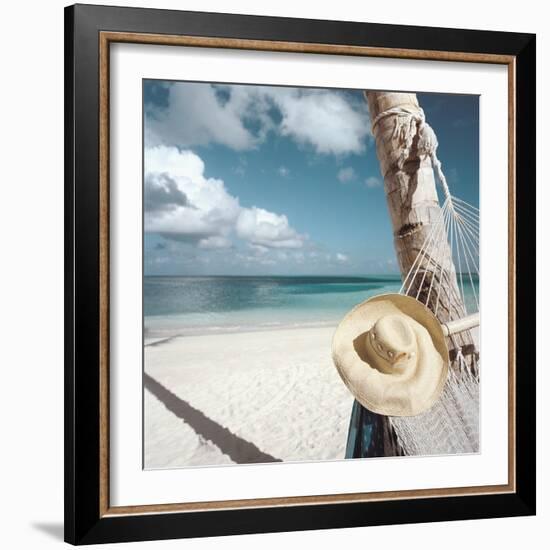 Straw Hat and Hammock at the Beach-null-Framed Photographic Print