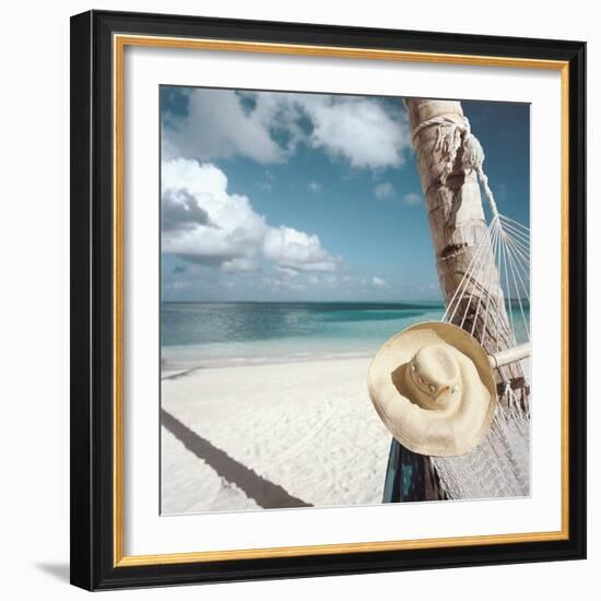 Straw Hat and Hammock at the Beach-null-Framed Photographic Print