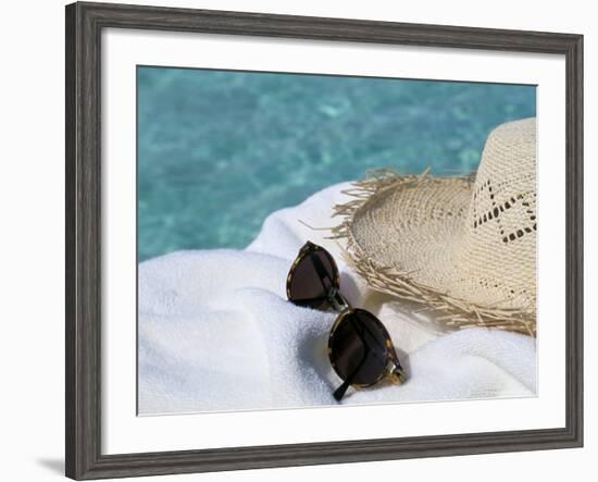 Straw Hat and Sunglasses on Towel, North Male Atoll, Maldives, Indian Ocean-Sergio Pitamitz-Framed Photographic Print