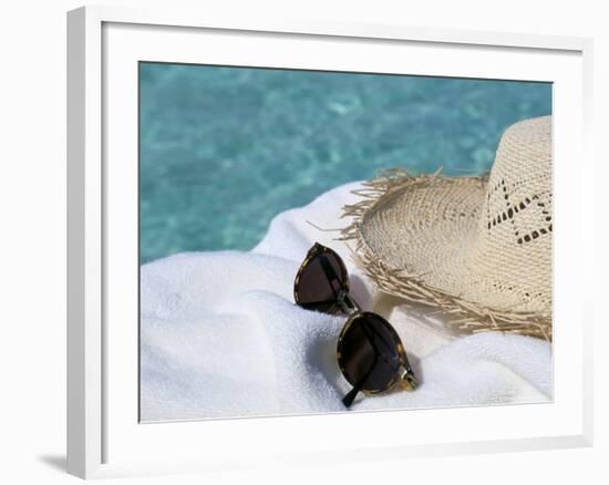 Straw Hat and Sunglasses on Towel, North Male Atoll, Maldives, Indian Ocean-Sergio Pitamitz-Framed Photographic Print