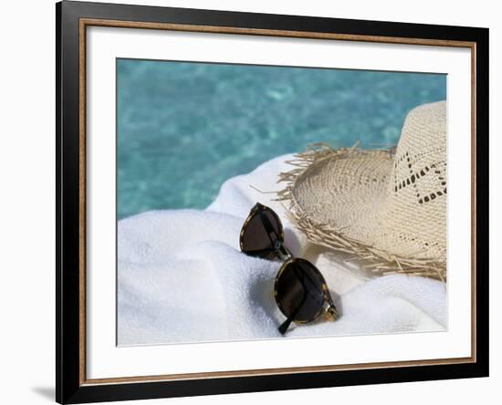 Straw Hat and Sunglasses on Towel, North Male Atoll, Maldives, Indian Ocean-Sergio Pitamitz-Framed Photographic Print