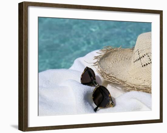 Straw Hat and Sunglasses on Towel, North Male Atoll, Maldives, Indian Ocean-Sergio Pitamitz-Framed Photographic Print