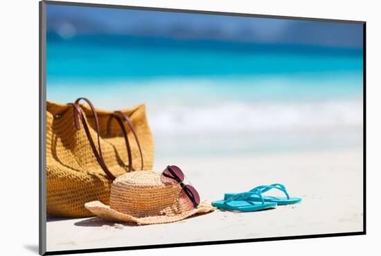 Straw Hat, Bag, Sun Glasses and Flip Flops on a Tropical Beach-BlueOrange Studio-Mounted Photographic Print