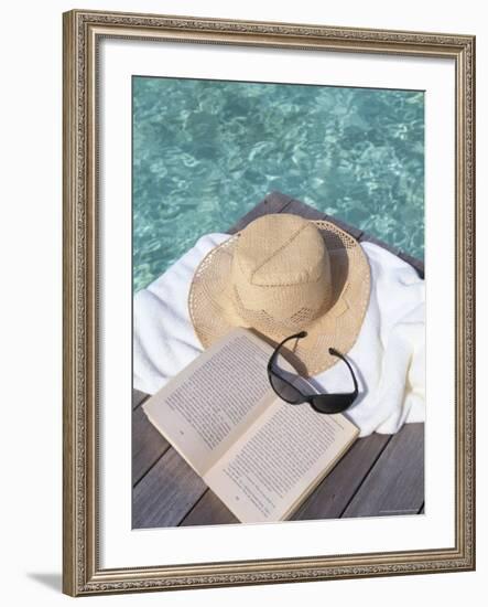 Straw Hat, Book and Sunglasses on Towel, North Male Atoll, Maldives, Indian Ocean-Sergio Pitamitz-Framed Photographic Print