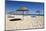 Straw umbrellas on empty white sand beach with clear sea behind, Ilha do Farol, Culatra Barrier Isl-Stuart Black-Mounted Photographic Print