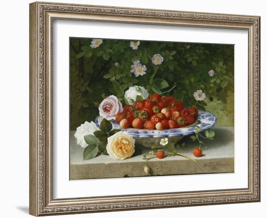 Strawberries in a Blue and White Buckelteller with Roses and Sweet Briar on a Ledge-William Hammer-Framed Giclee Print