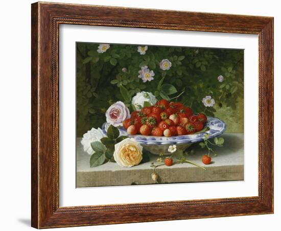 Strawberries in a Blue and White Buckelteller with Roses and Sweet Briar on a Ledge-William Hammer-Framed Giclee Print