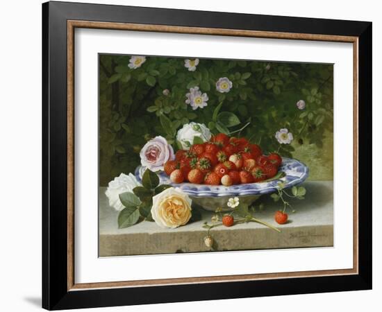 Strawberries in a Blue and White Buckelteller with Roses and Sweet Briar on a Ledge-William Hammer-Framed Giclee Print