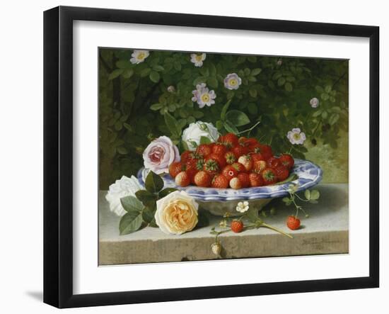 Strawberries in a Blue and White Buckelteller with Roses and Sweet Briar on a Ledge-William Hammer-Framed Giclee Print