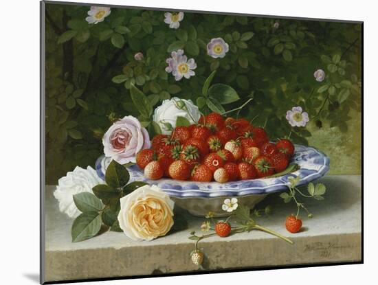 Strawberries in a Blue and White Buckelteller with Roses and Sweet Briar on a Ledge-William Hammer-Mounted Giclee Print