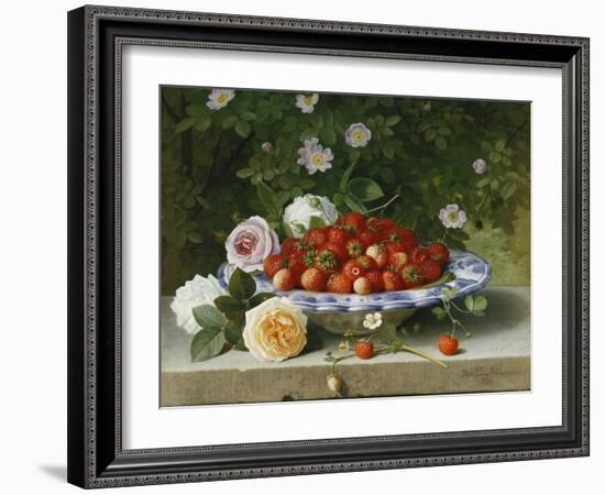 Strawberries in a Blue and White Buckelteller with Roses and Sweet Briar on a Ledge-William Hammer-Framed Giclee Print