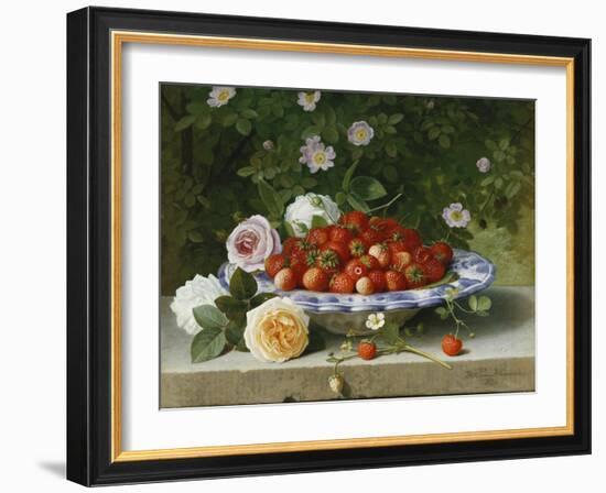 Strawberries in a Blue and White Buckelteller with Roses and Sweet Briar on a Ledge-William Hammer-Framed Giclee Print