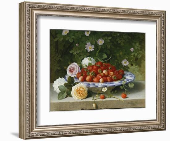 Strawberries in a Blue and White Buckelteller with Roses and Sweet Briar on a Ledge-William Hammer-Framed Giclee Print