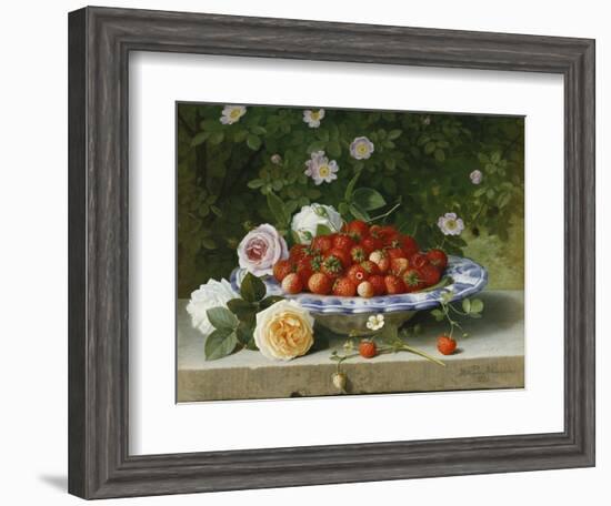 Strawberries in a Blue and White Buckelteller with Roses and Sweet Briar on a Ledge-William Hammer-Framed Giclee Print