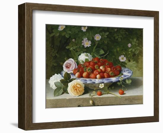 Strawberries in a Blue and White Buckelteller with Roses and Sweet Briar on a Ledge-William Hammer-Framed Giclee Print