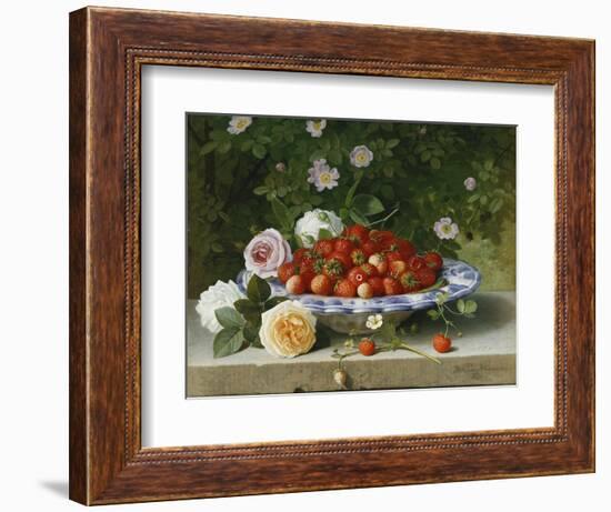 Strawberries in a Blue and White Buckelteller with Roses and Sweet Briar on a Ledge-William Hammer-Framed Giclee Print