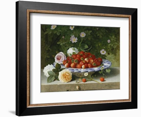 Strawberries in a Blue and White Buckelteller with Roses and Sweet Briar on a Ledge-William Hammer-Framed Giclee Print