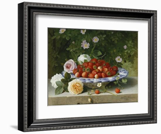 Strawberries in a Blue and White Buckelteller with Roses and Sweet Briar on a Ledge-William Hammer-Framed Giclee Print