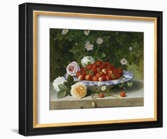 Strawberries in a Blue and White Buckelteller with Roses and Sweet Briar on a Ledge-William Hammer-Framed Giclee Print