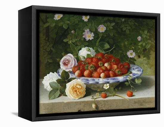 Strawberries in a Blue and White Buckelteller with Roses and Sweet Briar on a Ledge-William Hammer-Framed Premier Image Canvas