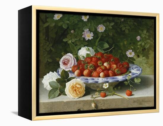 Strawberries in a Blue and White Buckelteller with Roses and Sweet Briar on a Ledge-William Hammer-Framed Premier Image Canvas