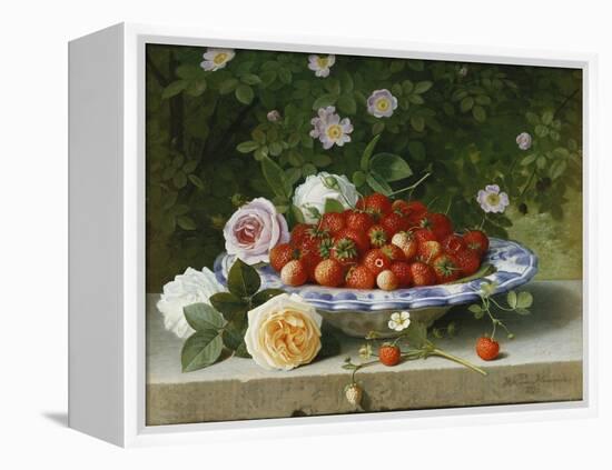 Strawberries in a Blue and White Buckelteller with Roses and Sweet Briar on a Ledge-William Hammer-Framed Premier Image Canvas