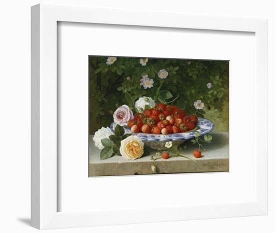 Strawberries in a Blue and White Buckelteller with Roses and Sweet Briar on a Ledge-William Hammer-Framed Premium Giclee Print