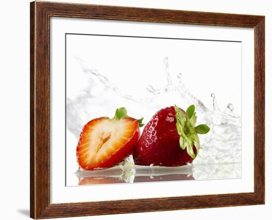 Strawberries with Splashing Water-Michael L?ffler-Framed Photographic Print