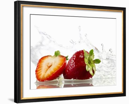 Strawberries with Splashing Water-Michael L?ffler-Framed Photographic Print