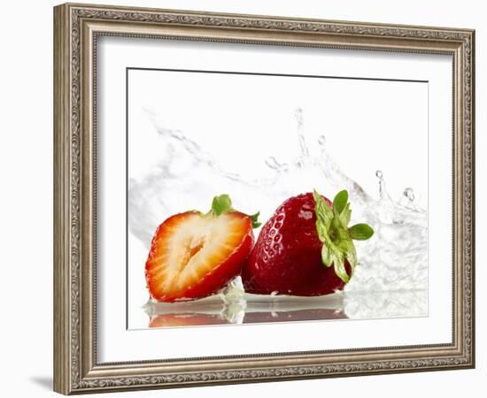 Strawberries with Splashing Water-Michael L?ffler-Framed Photographic Print