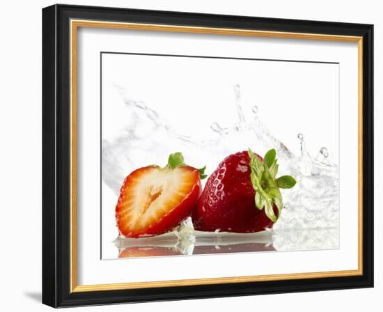 Strawberries with Splashing Water-Michael L?ffler-Framed Photographic Print