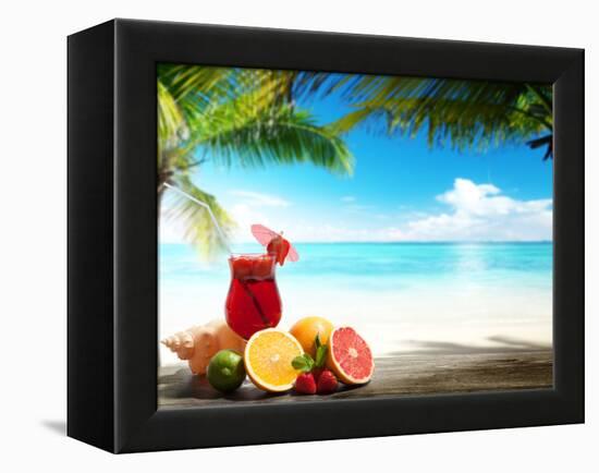 Strawberry Cocktail and Tropical Fruit on the Beach-Iakov Kalinin-Framed Premier Image Canvas