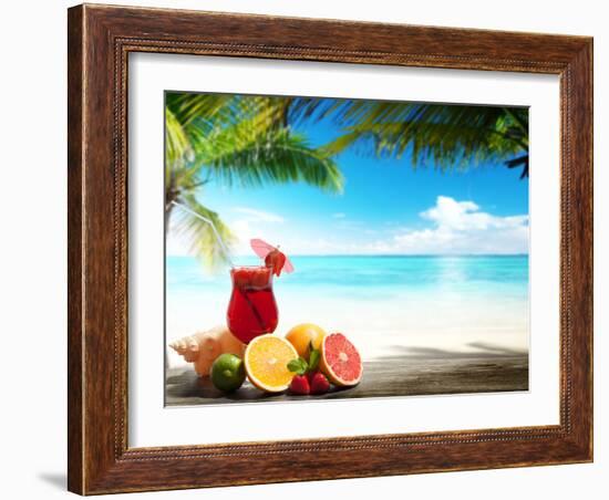 Strawberry Cocktail and Tropical Fruit on the Beach-Iakov Kalinin-Framed Photographic Print
