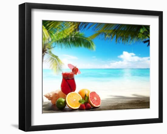 Strawberry Cocktail and Tropical Fruit on the Beach-Iakov Kalinin-Framed Photographic Print