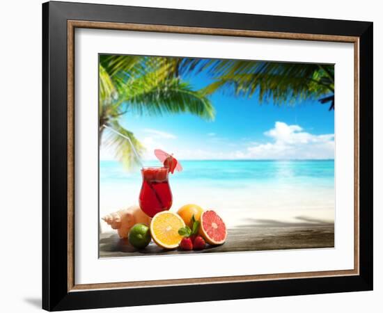 Strawberry Cocktail and Tropical Fruit on the Beach-Iakov Kalinin-Framed Photographic Print