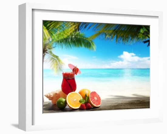 Strawberry Cocktail and Tropical Fruit on the Beach-Iakov Kalinin-Framed Photographic Print