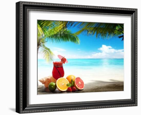 Strawberry Cocktail and Tropical Fruit on the Beach-Iakov Kalinin-Framed Photographic Print