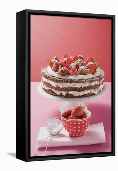 Strawberry Cream Cake on Cake Stand, Strawberries, Icing Sugar-Eising Studio Food Photo and Video-Framed Premier Image Canvas