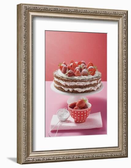 Strawberry Cream Cake on Cake Stand, Strawberries, Icing Sugar-Eising Studio Food Photo and Video-Framed Photographic Print