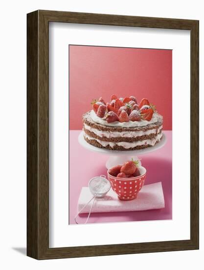 Strawberry Cream Cake on Cake Stand, Strawberries, Icing Sugar-Eising Studio Food Photo and Video-Framed Photographic Print