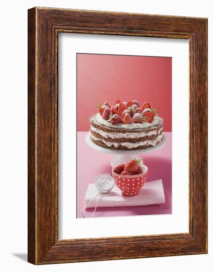 Strawberry Cream Cake on Cake Stand, Strawberries, Icing Sugar-Eising Studio Food Photo and Video-Framed Photographic Print