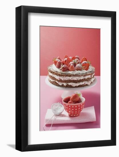 Strawberry Cream Cake on Cake Stand, Strawberries, Icing Sugar-Eising Studio Food Photo and Video-Framed Photographic Print