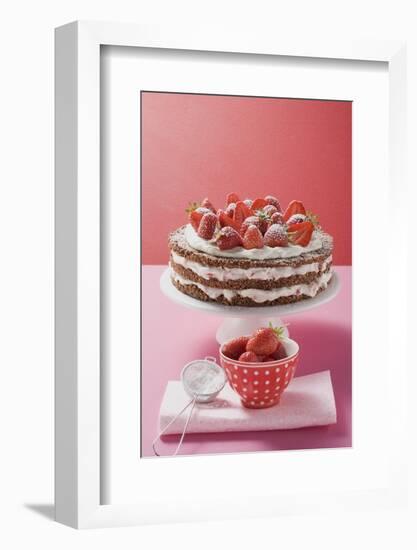 Strawberry Cream Cake on Cake Stand, Strawberries, Icing Sugar-Eising Studio Food Photo and Video-Framed Photographic Print