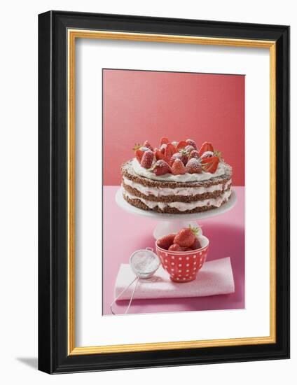 Strawberry Cream Cake on Cake Stand, Strawberries, Icing Sugar-Eising Studio Food Photo and Video-Framed Photographic Print