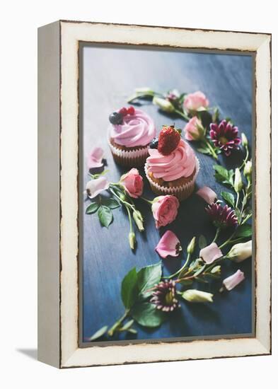 Strawberry Cupcakes with Flowers-Dina Belenko-Framed Premier Image Canvas