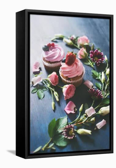 Strawberry Cupcakes with Flowers-Dina Belenko-Framed Premier Image Canvas