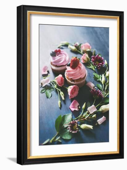 Strawberry Cupcakes with Flowers-Dina Belenko-Framed Photographic Print