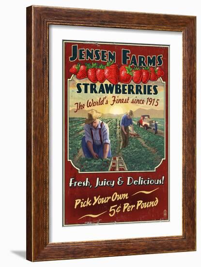 Strawberry Farm - Vintage Sign-Lantern Press-Framed Art Print