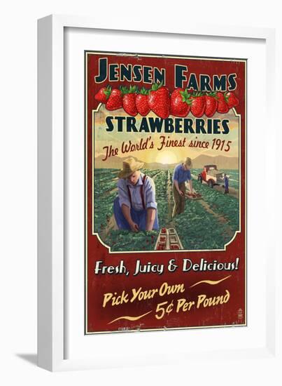 Strawberry Farm - Vintage Sign-Lantern Press-Framed Art Print